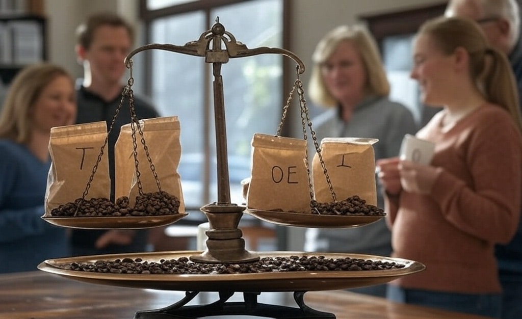 weegschaal TOC met koffiebonen en T en OE I zakken 1