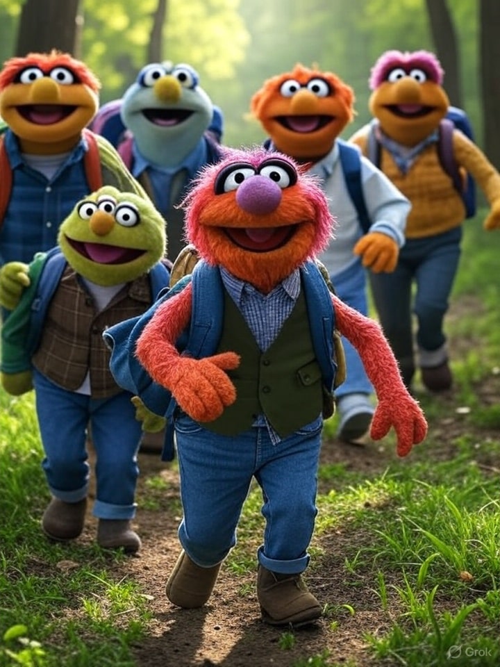 Five muppets marching in the forest